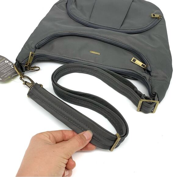 NWT TRAVELON Anti-Theft Round Hobo Bag Grey - Picture 4 of 12